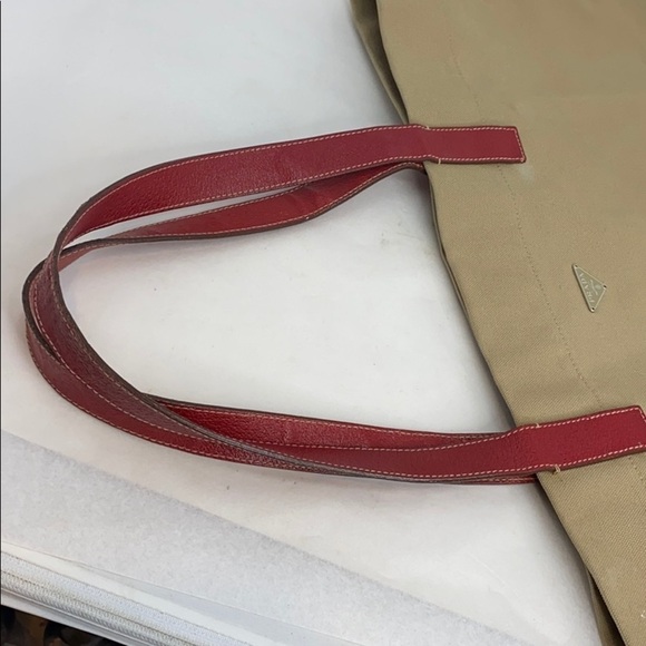 Prada Large Beige Canvas Red Leather Shoulder Tote - Picture 9 of 15